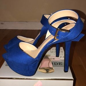 Blue Suede Buckle Open-Toe Platform Pumps- Sz 8